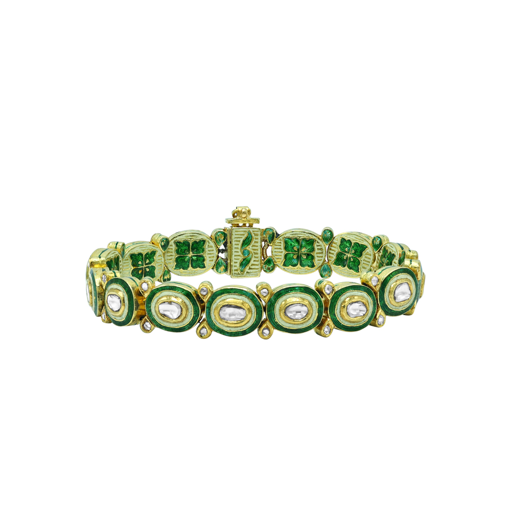 Polki Diamond Bracelet with Oval Green Enamel